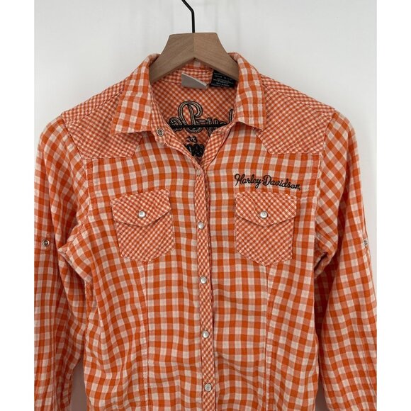 Harley Davidson Snap Button Shirt Women Medium Orange Plaid Long Sleeve Embroide - Picture 2 of 7